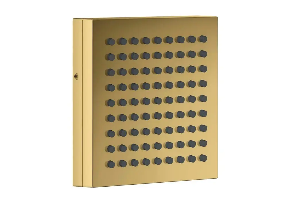 Goldene, rechteckige Duschbrause mit schwarzem Düsenmuster. Die Oberfläche zeigt ein glänzendes Finish. Produkt gehört zur AXOR Kollektion.